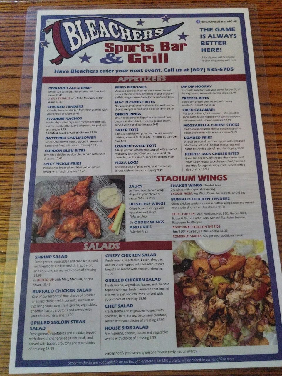 Burger and sandwich selections on a printed menu.