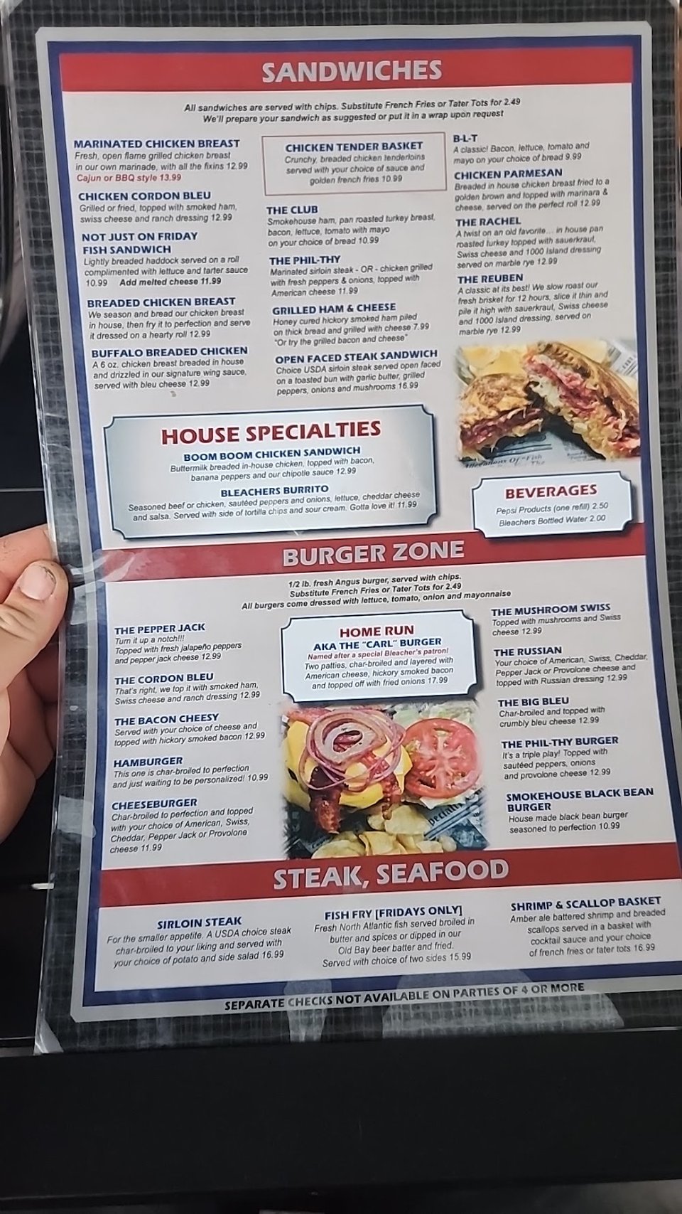 House specialties listed beside bar and grill favorites.