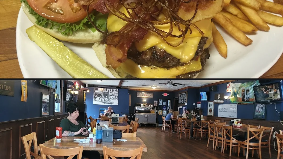 American bar and grill interior with TVs.