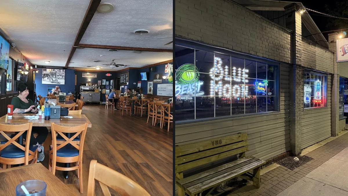 American bar and grill interior with TVs.